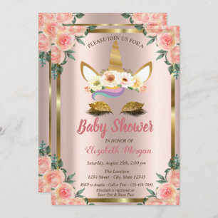 Gold Glitter Unicorn Rozen Crown Baby shower invul Kaart