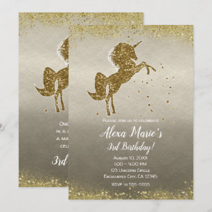 Gold Glitter Unicorn Stars Glam Birthday Party Kaart