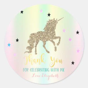 Gold Glitter Unicorn, Stars, Iridescent Holographi Ronde Sticker