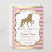 Gold Glitter Unicorn, Stripe Baby shower Invitatio Kaart (Voorkant)