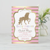 Gold Glitter Unicorn, Stripe Baby shower Invitatio Kaart (Staand voorkant)