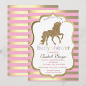 Gold Glitter Unicorn, Stripe Baby shower Invitatio Kaart (Voorkant / Achterkant)