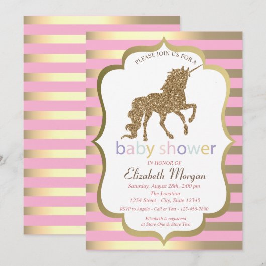 Gold Glitter Unicorn, Stripe Baby shower Invitatio Kaart (Voorkant / Achterkant)