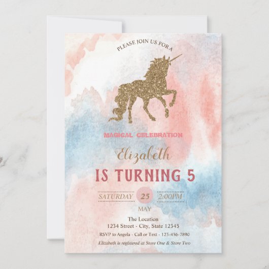 Gold Glitter Unicorn, Waterverf Kaart (Voorkant)