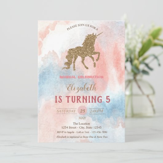 Gold Glitter Unicorn, Waterverf Kaart (Staand voorkant)