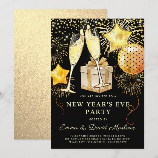 Gold Glitter van het nieuwjaarsfeest op zwart Kaart (Voorkant / Achterkant)