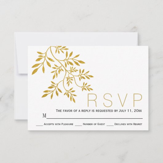 Gold glitter verlaat tak moderne bruiloft RSVP (Voorkant)