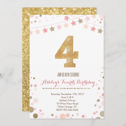 Gold Glitter Vierde verjaardag Uitnodiging (Voorkant / Achterkant)
