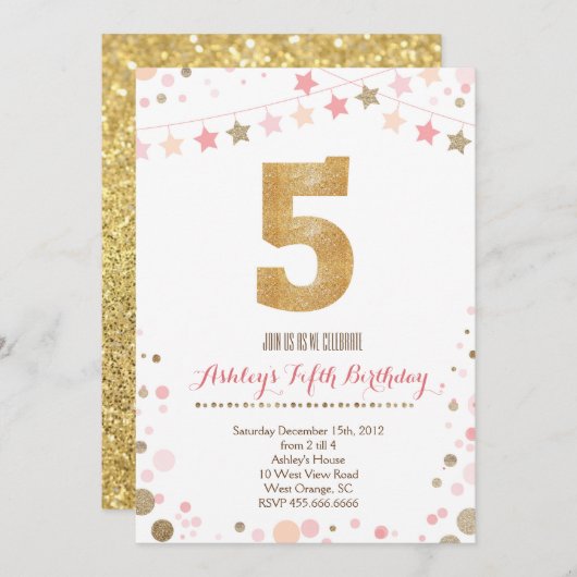 Gold Glitter vijfde uitnodiging van vrijdag (Voorkant / Achterkant)