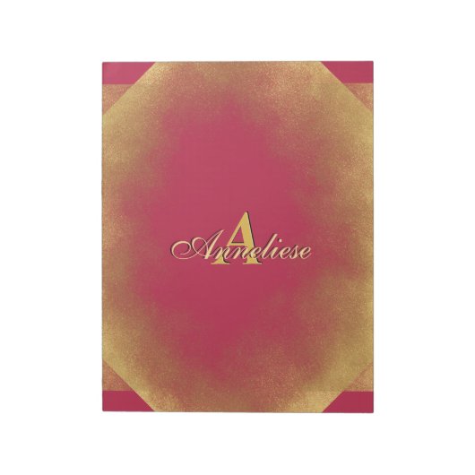 Gold Glitter Viva Magenta Fab Eigen naam Monogram Notitieblok (Linkerzijde)