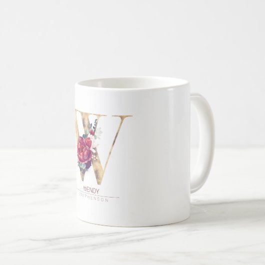 Gold Glitter W Monogram Floral Burgundy Red Koffiemok (Voorkant rechts)