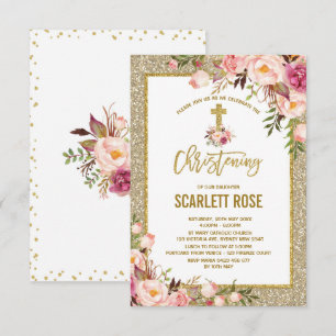 Gold Glitter Waterverf Floral Girl Christening Kaart