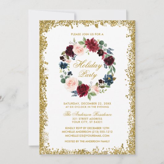 Gold Glitter Waterverf Floral Holiday Party Kaart (Voorkant)