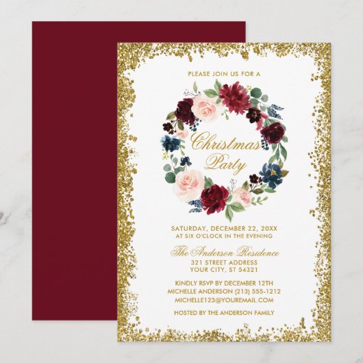 Gold Glitter Waterverf Floral kerstfeest Kaart (Voorkant / Achterkant)