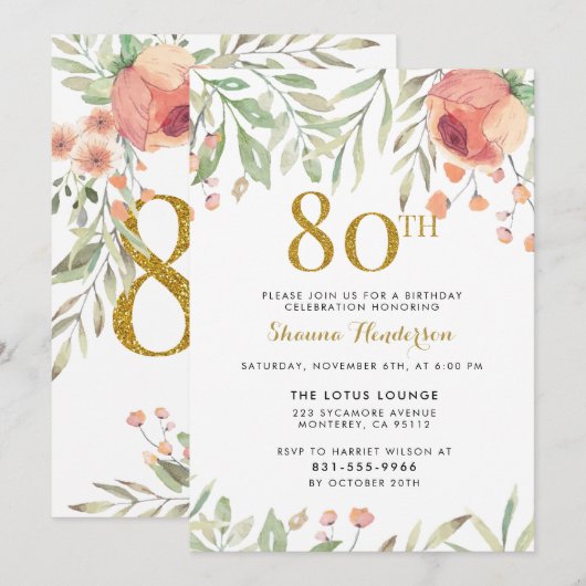 Gold Glitter & Waterverf Flowers 80th Birthday Kaart (Voorkant / Achterkant)