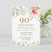 Gold Glitter & Waterverf Flowers 90th Birthday Kaart (Staand voorkant)