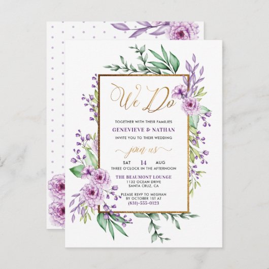 Gold Glitter "We Do" Pastel Paarse Bloemen Huwelij Uitnodiging Briefkaart (Voorkant / Achterkant)