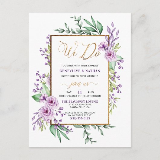 Gold Glitter "We Do" Pastel Paarse Bloemen Huwelij Uitnodiging Briefkaart (Voorkant)