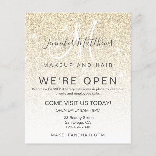Gold Glitter We zijn open Salon COVID Safe Flyer (Achterkant)
