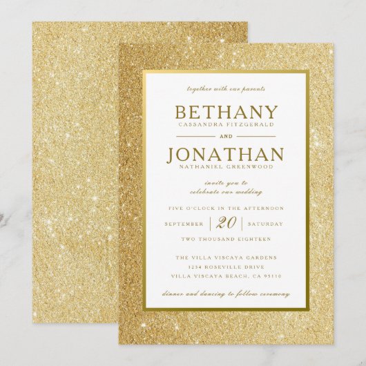 Gold Glitter Wedding Uitnodiging (Voorkant / Achterkant)