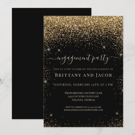 Gold Glitter Wedding Verloving Black Party Kaart (Voorkant / Achterkant)