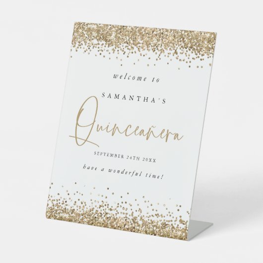 Gold Glitter Welcome Quinceañera 15th Party Reclamebord Met Voetstuk (Voorkant)