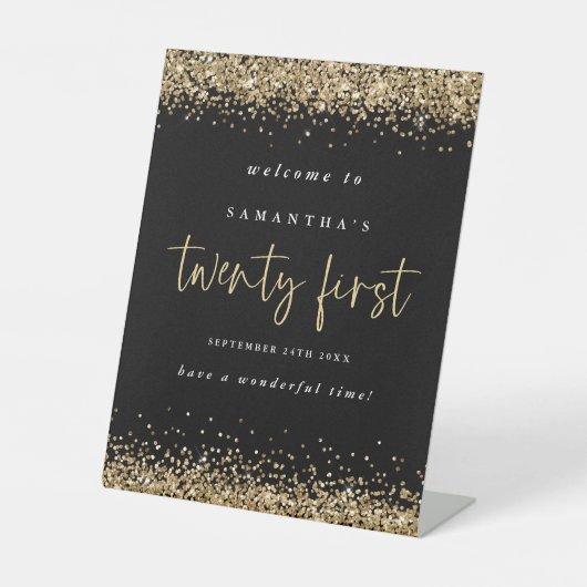 Gold Glitter Welkom 21e partij zwart Reclamebord Met Voetstuk (Voorkant)
