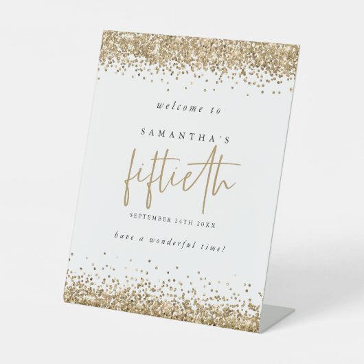 Gold Glitter Welkom Vijftigste verjaardag Reclamebord Met Voetstuk (Voorkant)