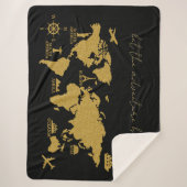 Gold Glitter-Wereldkaart op zwart elegant avontuur Sherpa Deken (Voorkant)