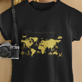Gold Glitter-Wereldkaart op zwart elegant avontuur T-shirt