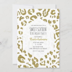 Gold Glitter White Cheetah Leopard Sweet 16 Party  Kaart