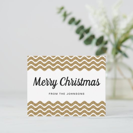 Gold Glitter White Chevron Stripes Merry Kerstmis Feestdagenkaart (Staand voorkant)