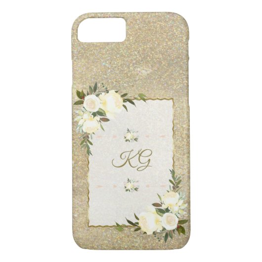 Gold Glitter White Floral Monogram Case-Mate iPhone Case (Achterkant)