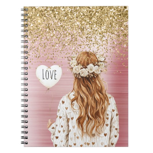 Gold Glitter White Hearts Balloon Red Head Female Notitieboek (Voorkant)