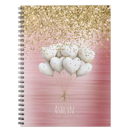 Gold Glitter White Hearts Balloons Notitieboek (Voorkant)