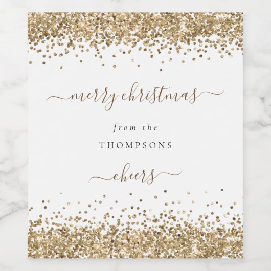 Gold Glitter White Name Merry kerst Wijn Etiket (Enkel label)