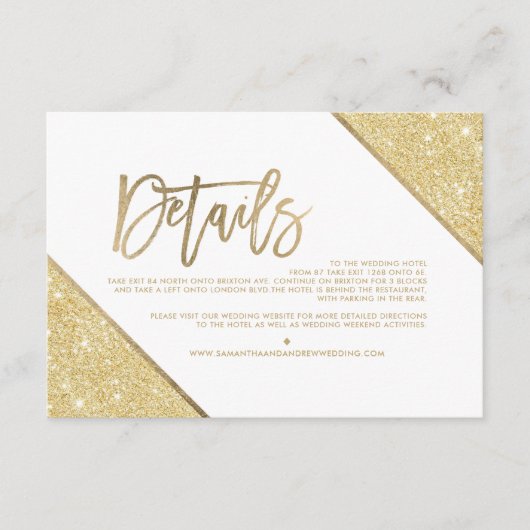 Gold glitter White script bruiloft richting Informatiekaartje (Voorkant)