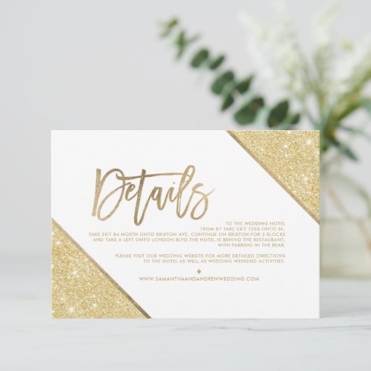 Gold glitter White script bruiloft richting Informatiekaartje (Staand voorkant)