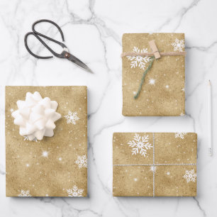 Gold Glitter White Stars en Snowflakes Pattern Inpakpapier Vel