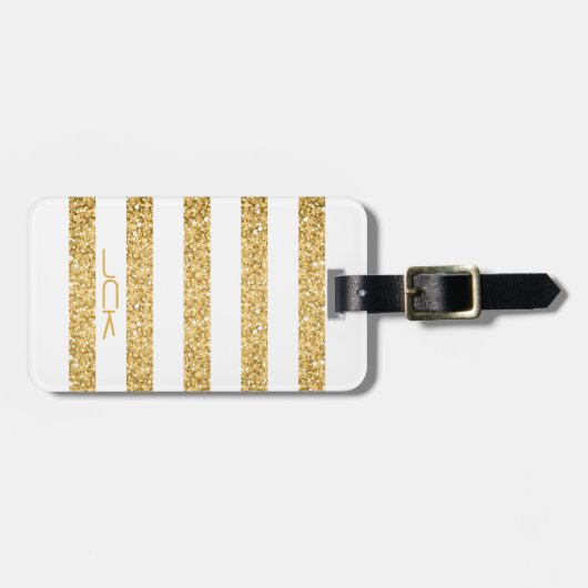 Gold Glitter White Stripes Pattern Monogram Bagagelabel (Voorkant horizontaal)