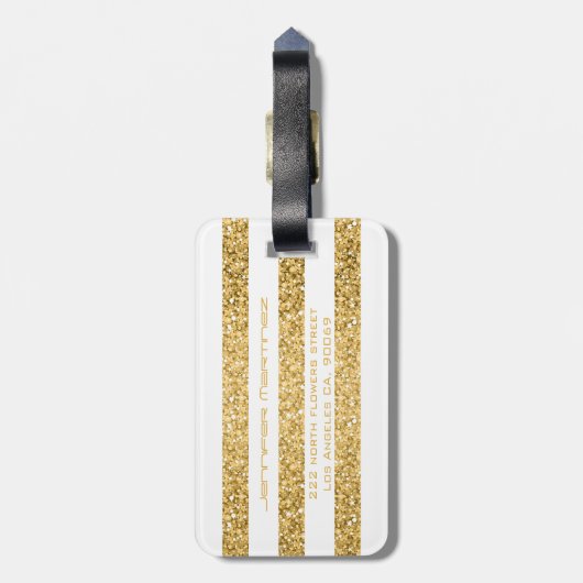 Gold Glitter White Stripes Pattern Monogram Bagagelabel (Achterkant verticaal)