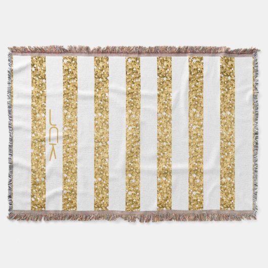 Gold Glitter White Stripes Pattern Monogram Deken (Voorkant)