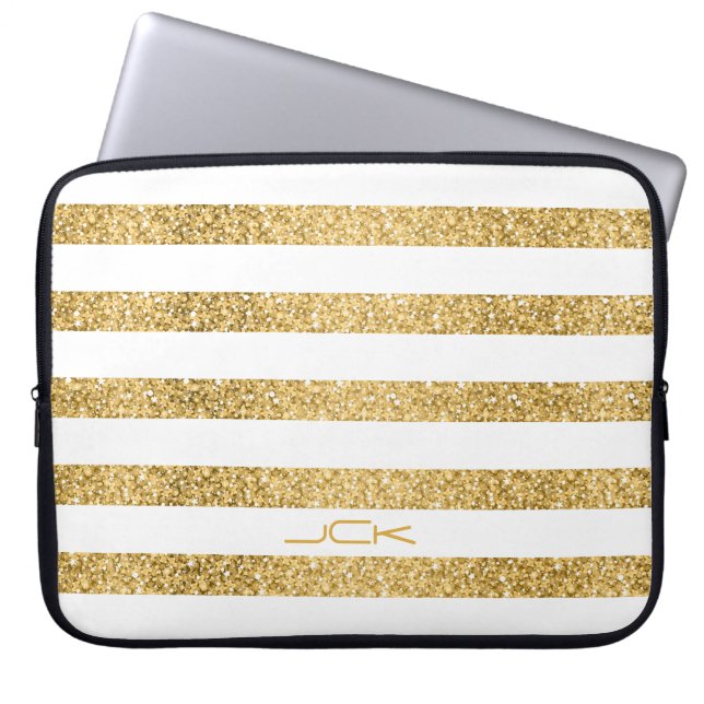 Gold Glitter White Stripes Pattern Monogram Laptop Sleeve (Voorkant)