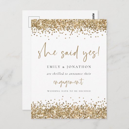 Gold Glitter White Ze zei ja Verloving Briefkaart (Voorkant / Achterkant)