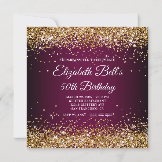 Gold Glitter Wine Dark Ombre 50th Birthday Kaart (Voorkant)