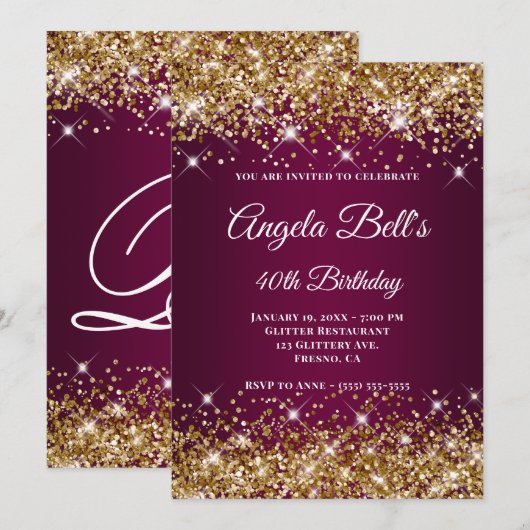 Gold Glitter Wine Ombre Fancy Monogram Kaart (Voorkant / Achterkant)