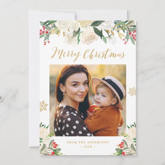 Gold Glitter Winter Floral Merry-kerstfoto Feestdagenkaart (Voorkant)