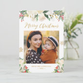Gold Glitter Winter Floral Merry-kerstfoto Feestdagenkaart (Staand voorkant)