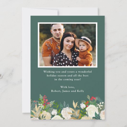 Gold Glitter Winter Floral Merry-kerstfoto Feestdagenkaart (Achterkant)