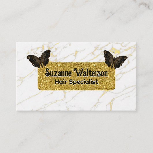 Gold Glitter | Witte marmer | Butterflies Visitekaartje (Voorkant)